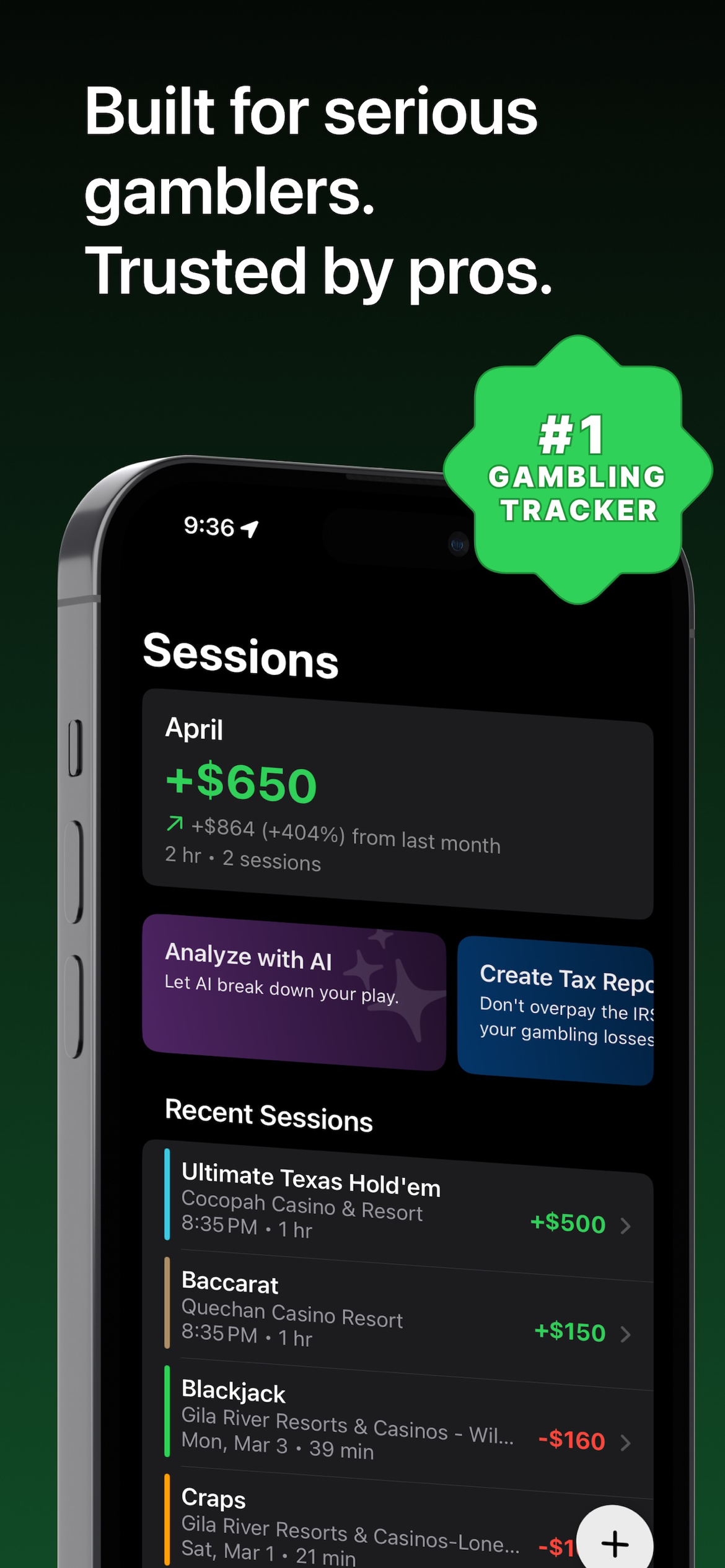 CasinoIQ gambling tracker app showing monthly casino profit and recent blackjack, poker, baccarat and craps sessions