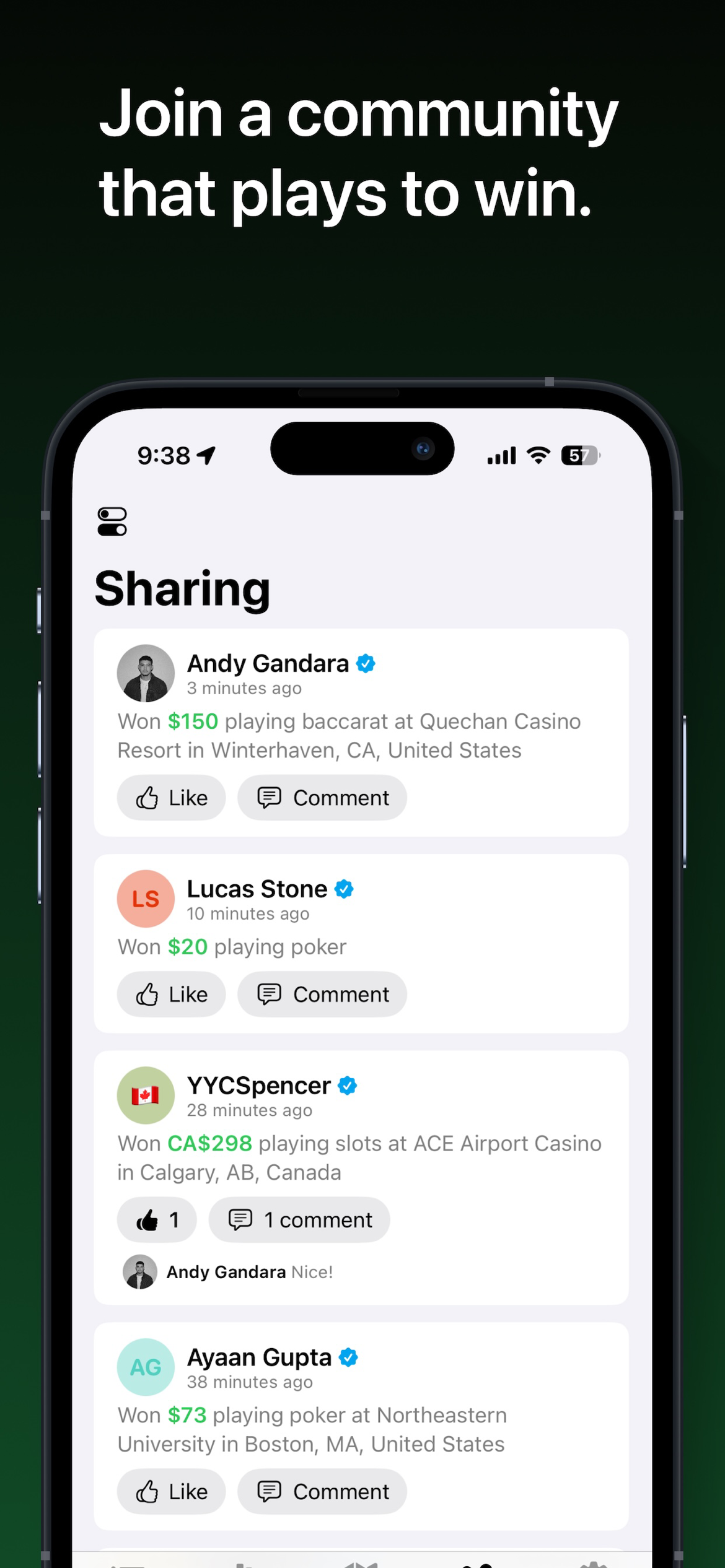 Community sharing feed where gamblers share casino wins