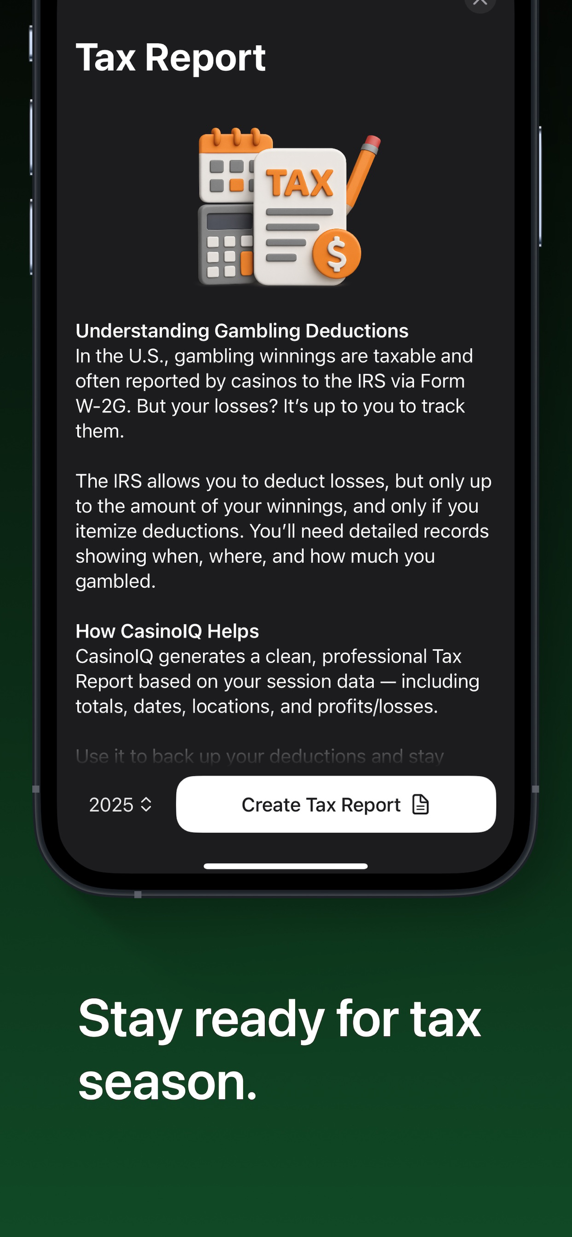 Gambling tax report screen explaining IRS deductions with a Create Tax Report button